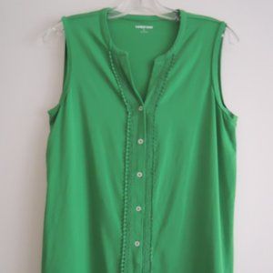Ladies Top Size S Lace Trim on 7 Button Front LANDS END Bright Green S/L Tunic